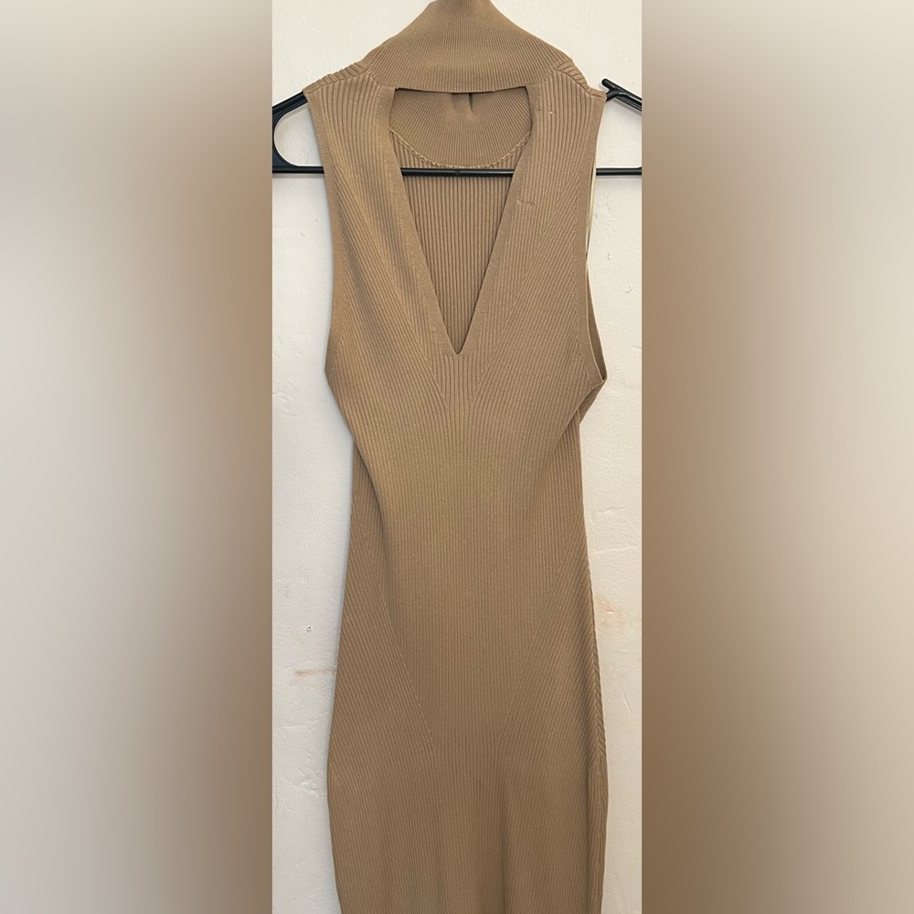 Anthropologie Knit Mock Turtle Neck Midi Tan Cedar Sweater Dress Size XS - Picture 3 of 12